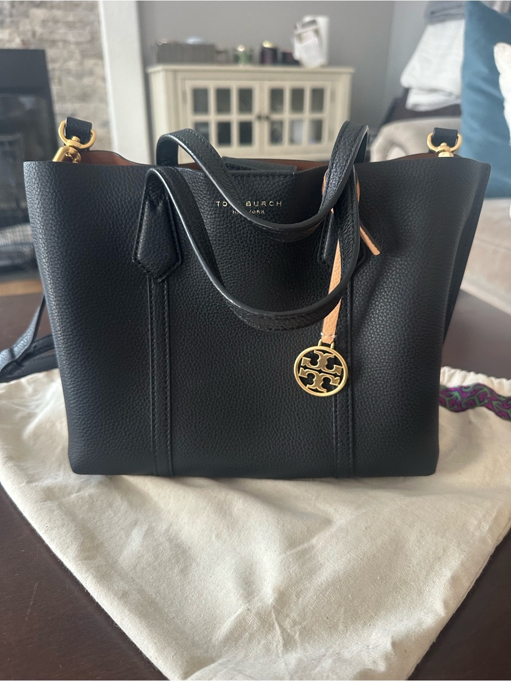 Tory Burch Black Pebbled Leather Tote with Gold Logo Charm